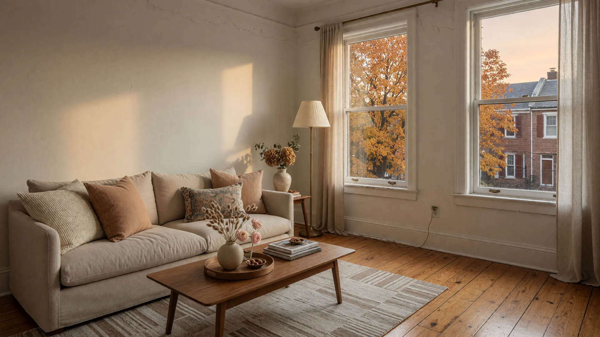 A warm, staged living room in a classic Philadelphia-area home with original hardwood floors and tall windows letting in soft late-afternoon light