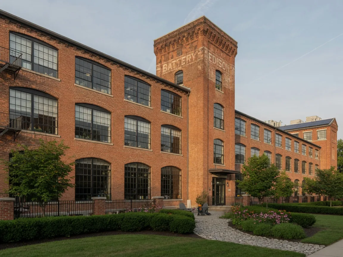 Historic Edison Lofts apartment complex in West Orange NJ with industrial brick architecture and large windows on a late-summer afternoon
