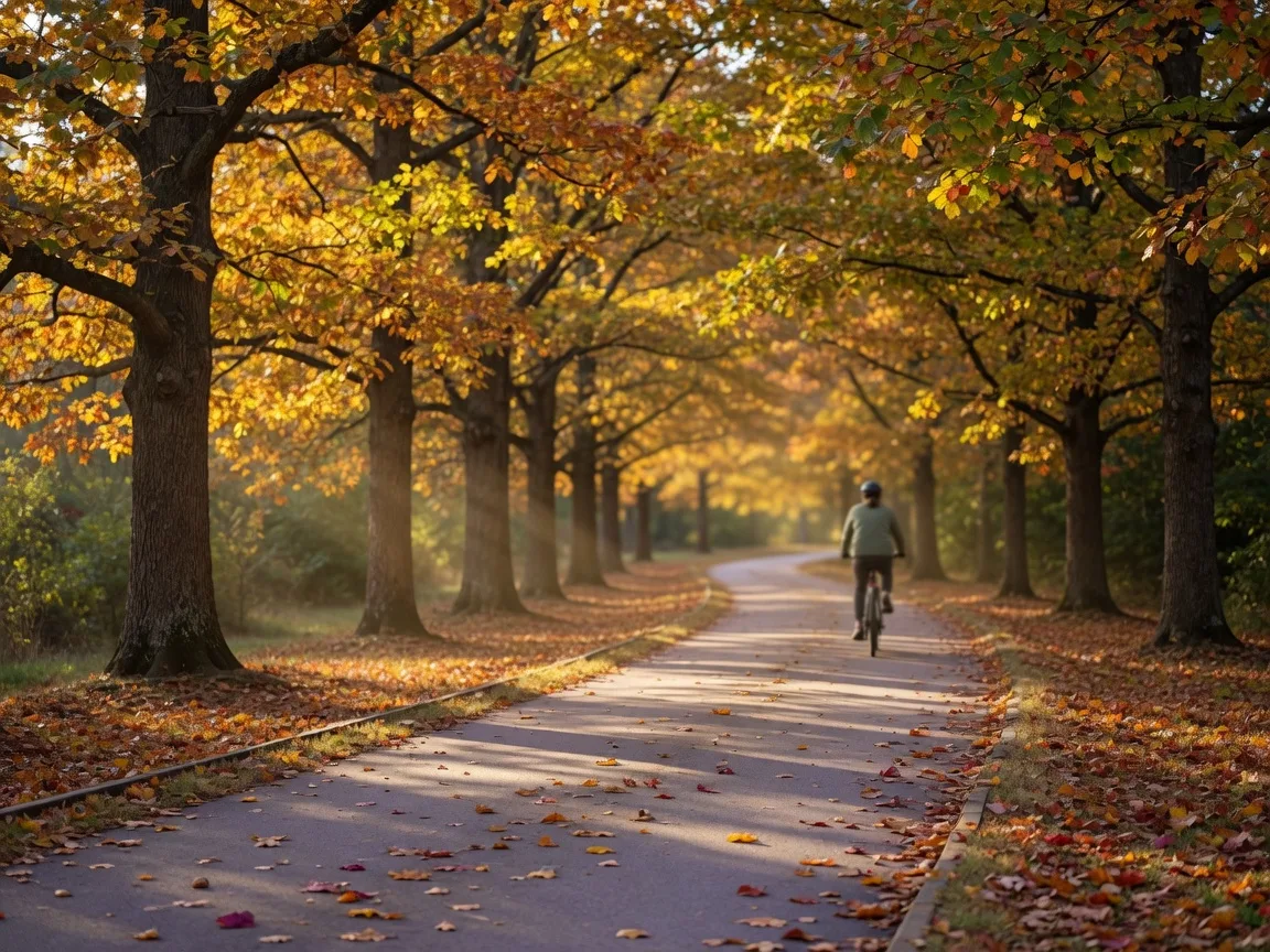 Tree-lined greenway trail in Raleigh during autumn with golden oak leaves