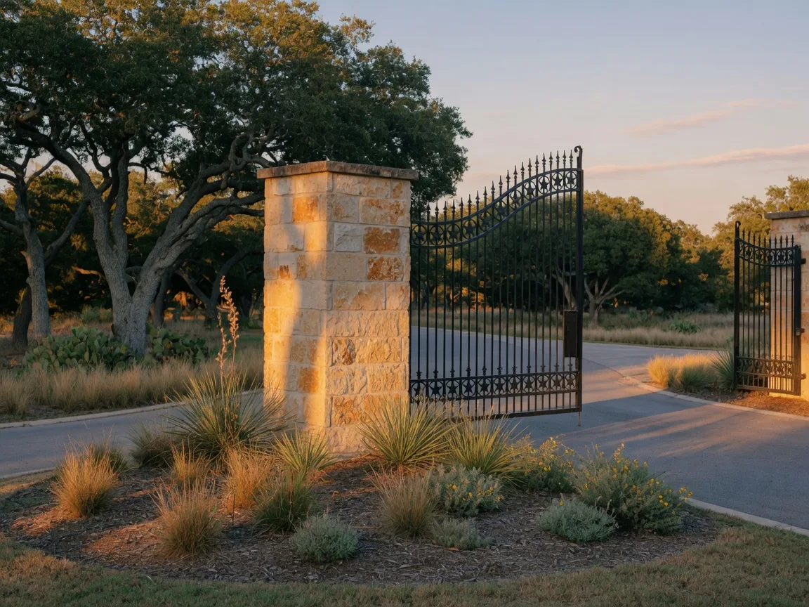A limestone and wrought-iron entrance gate at a Hill Country master-planned community, representing the HOA resale certificate a seller orders under Texas Property Code Chapter 207