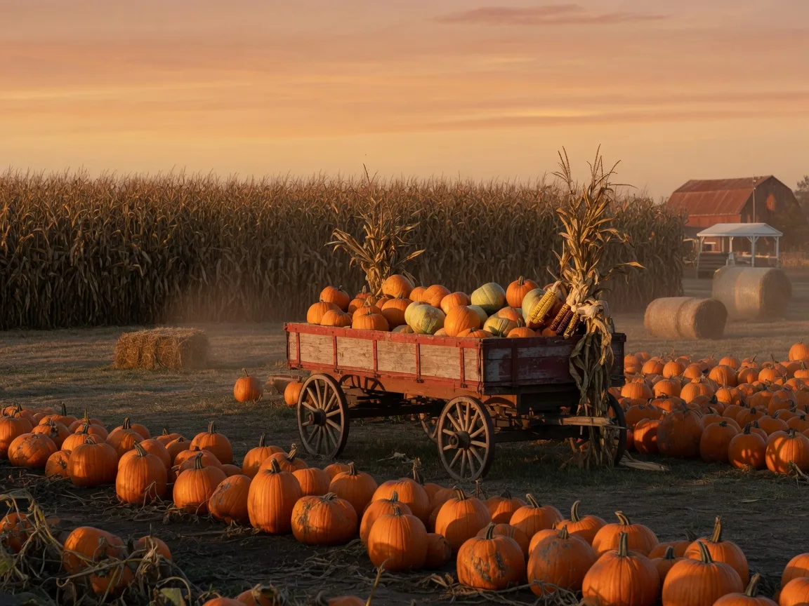 Rows of pumpkins and a rustic wagon at a Pennsylvania farm stand under a warm amber twilight sky