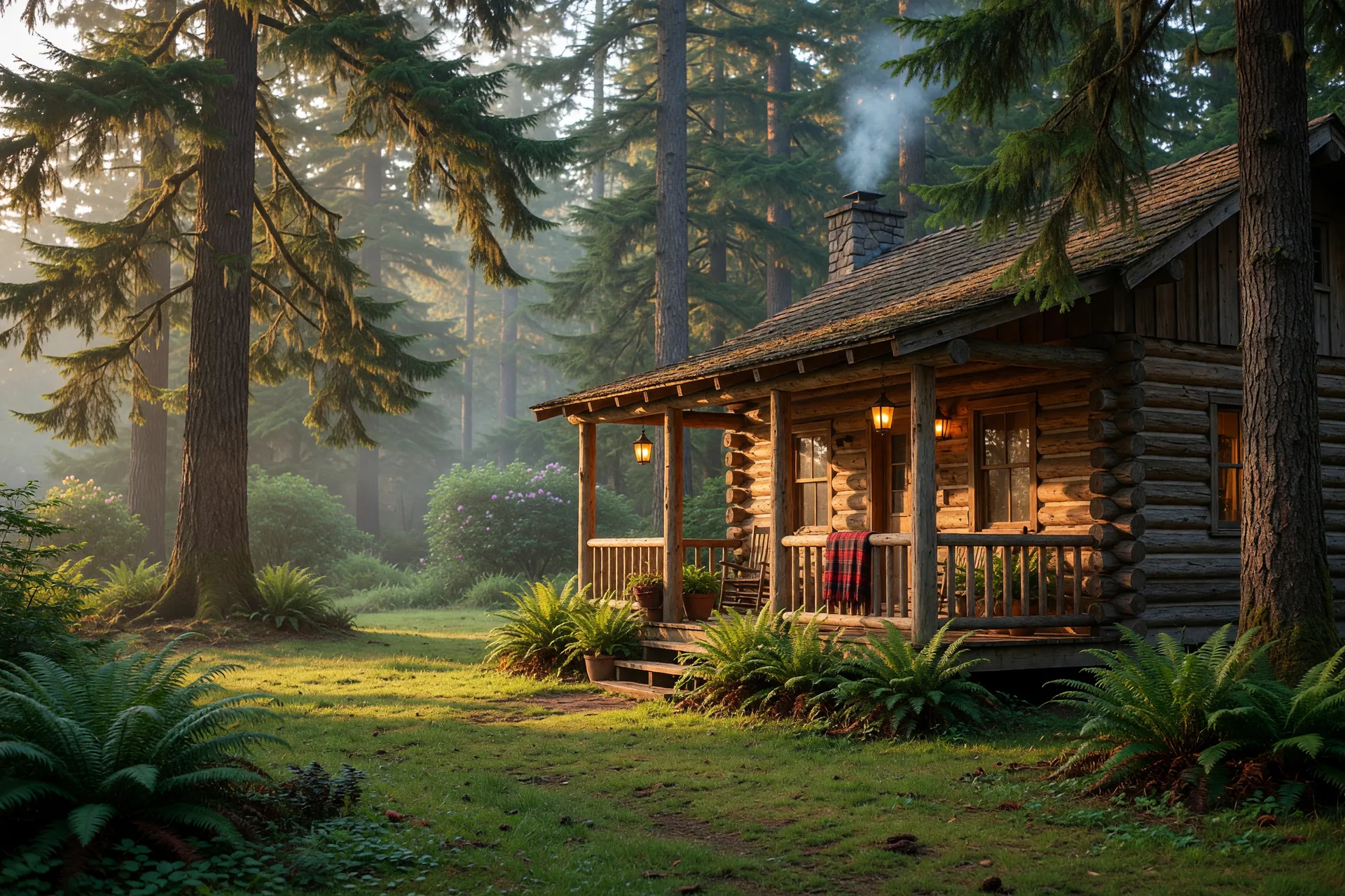 Rustic log cabin surrounded by tall evergreens and lush landscape, an Oregon Pacific Northwest rural property
