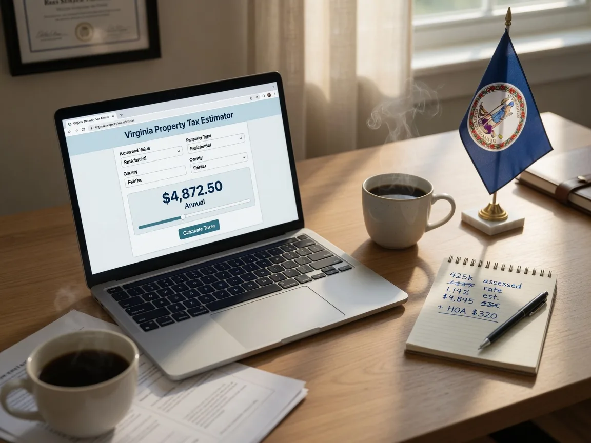 A professional workspace with a laptop displaying a property tax calculator, a cup of coffee, a notepad with handwritten numbers, and a Virginia state flag in soft afternoon light
