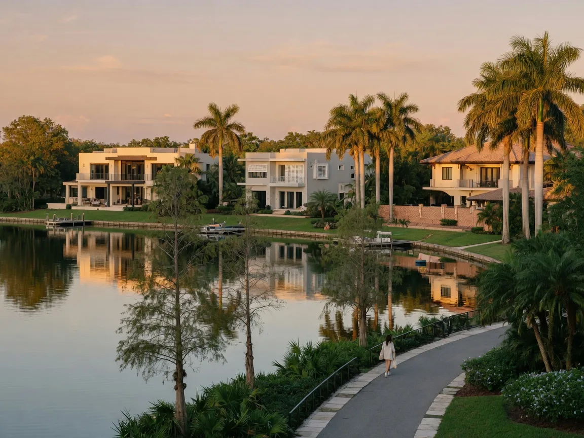 A serene Parkland lakeside neighborhood at golden hour, elegant homes along a calm lake