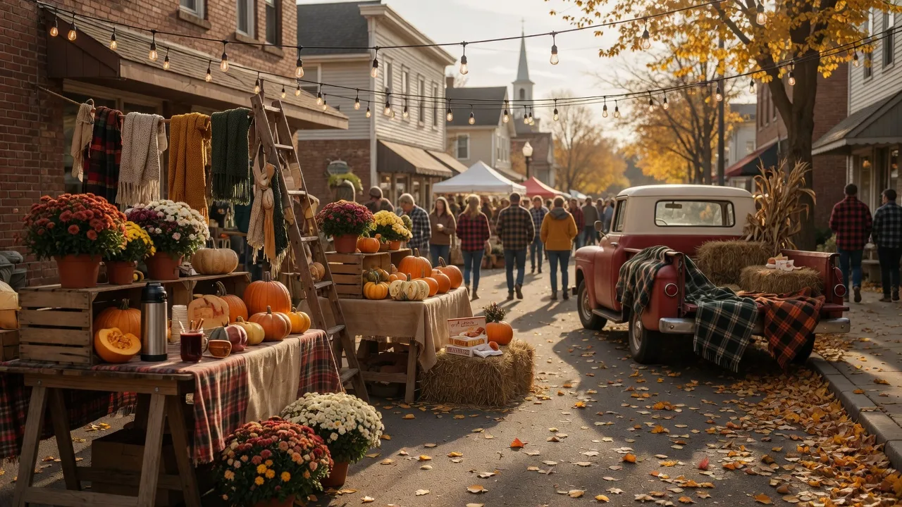Autumn market stalls with pumpkins and mums under string lights and a plaid-draped vintage truck at a small-town harvest festival