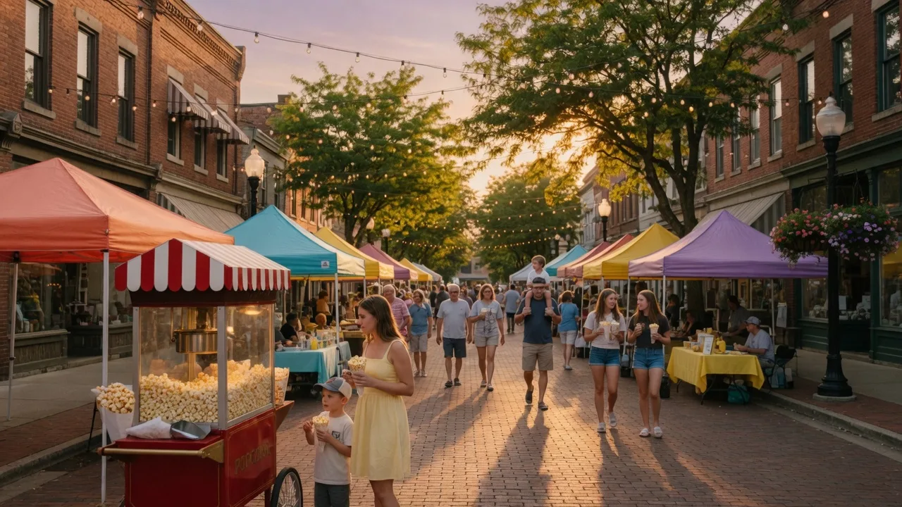 A warm late summer evening on a small-town Ohio Main Street with vendor tents, glowing string lights, and a classic red-and-white popcorn cart in the foreground