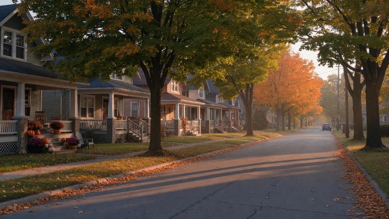 A tree-lined Mid-Michigan street in late September, sugar maples and oaks showing early fall color, with pumpkins and mums on front porches