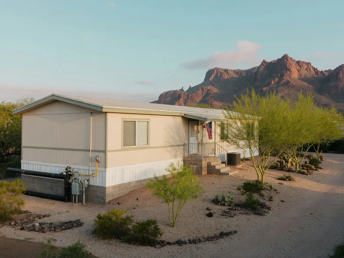 A single-story manufactured home on a permanent concrete block foundation in Mesa, Arizona with clean skirting, desert landscaping, and the Superstition Mountains on the horizon in clear morning light
