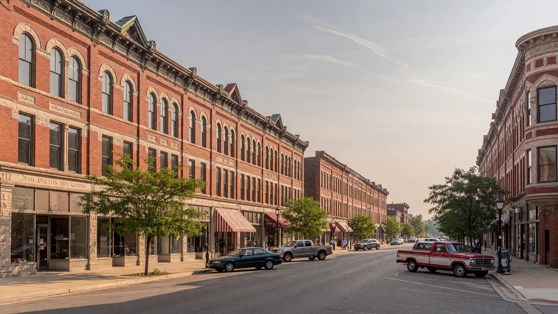 Historic downtown Springfield Ohio main street with brick and stone storefronts
