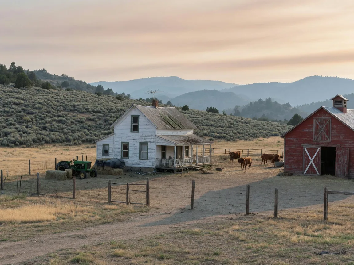A weathered white farmhouse on a small Idaho ranch
