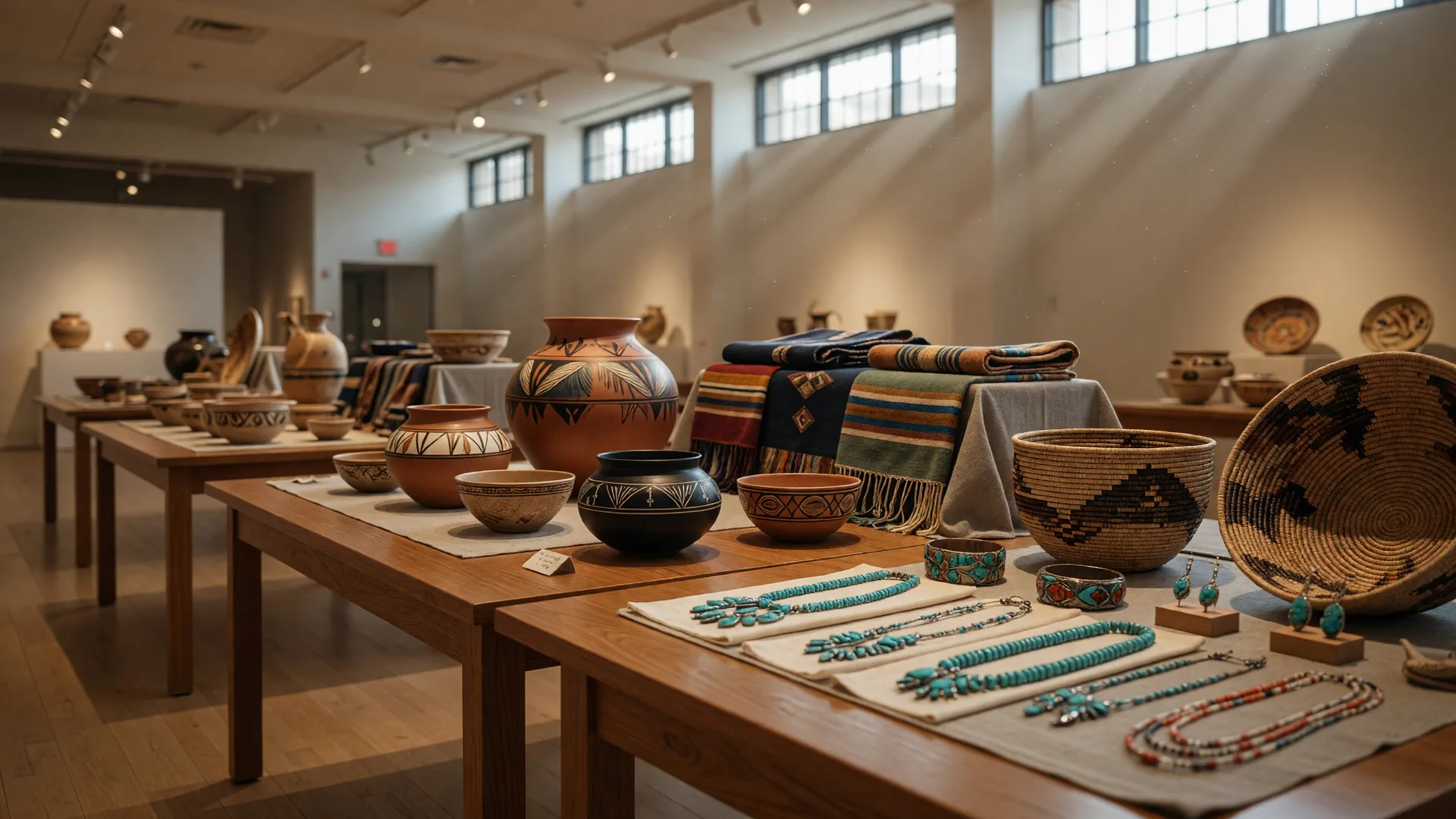 Cherokee Art Market display of handcrafted Native American pottery, woven baskets, and beaded jewelry arranged on gallery tables