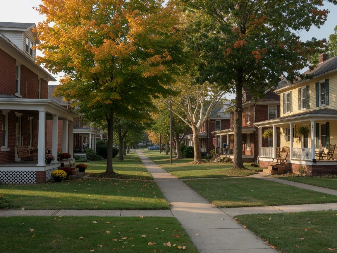 A quiet residential street in Milford, Ohio in early autumn with classic two-story brick and siding homes, covered front porches, and mature trees showing the first gold and orange leaves