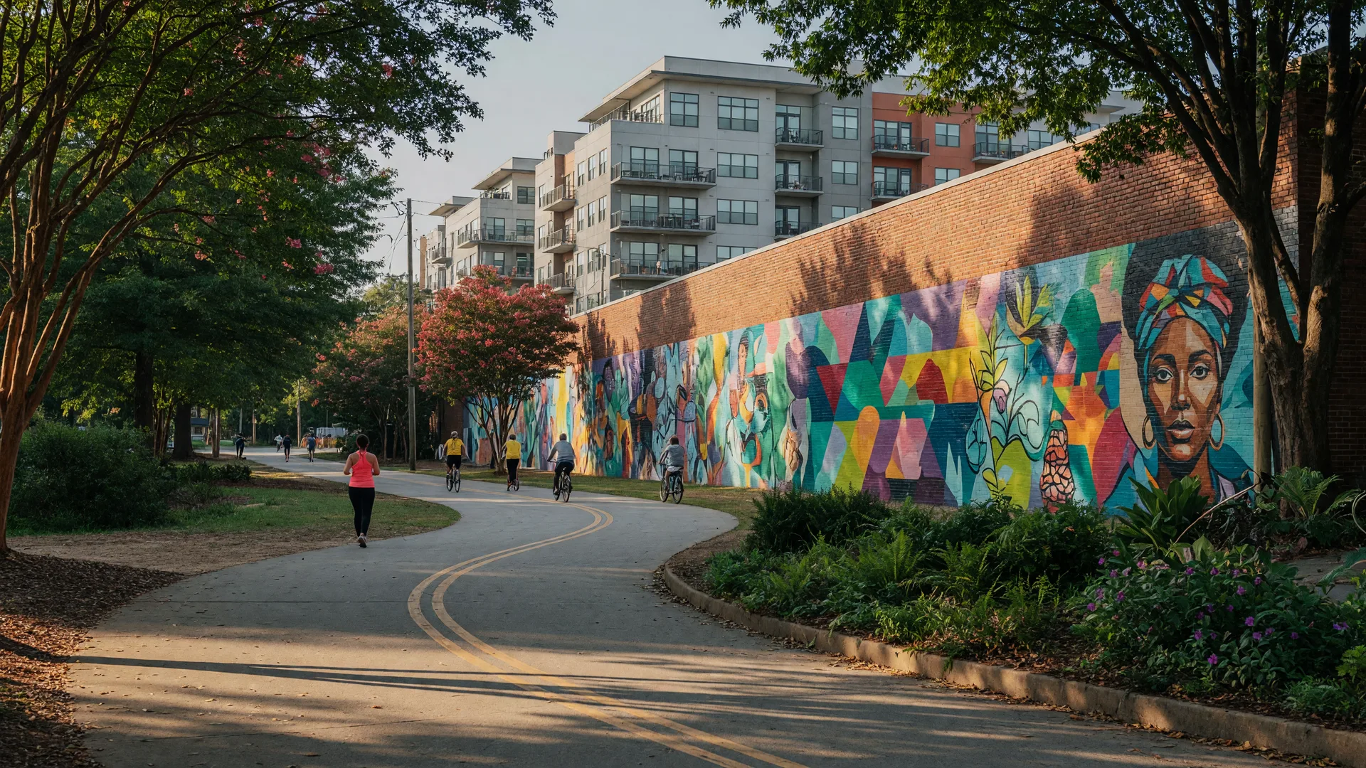 The Atlanta BeltLine Eastside Trail curving past murals and new apartments in the Old Fourth Ward
