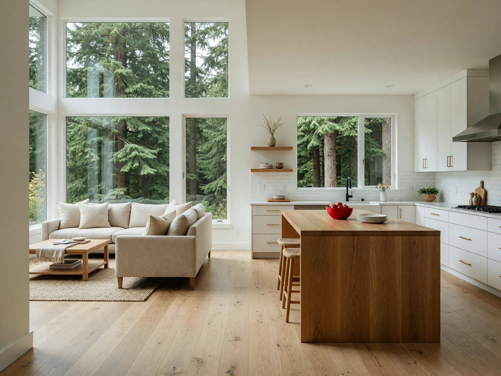 A bright, open great room and kitchen in a Pacific Northwest single-family home