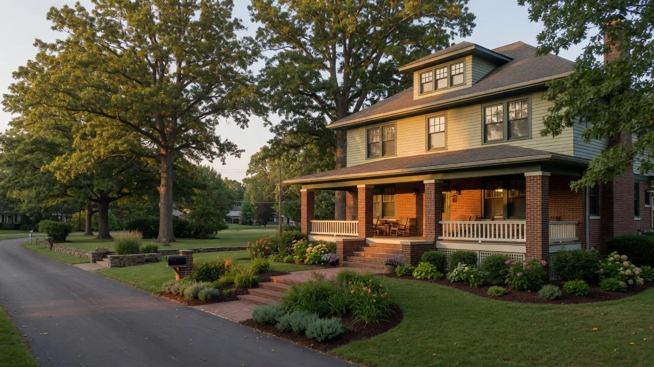 An upscale two-story craftsman move-up home in a Dayton Ohio suburb at golden hour with a broad front porch and a spacious landscaped lot