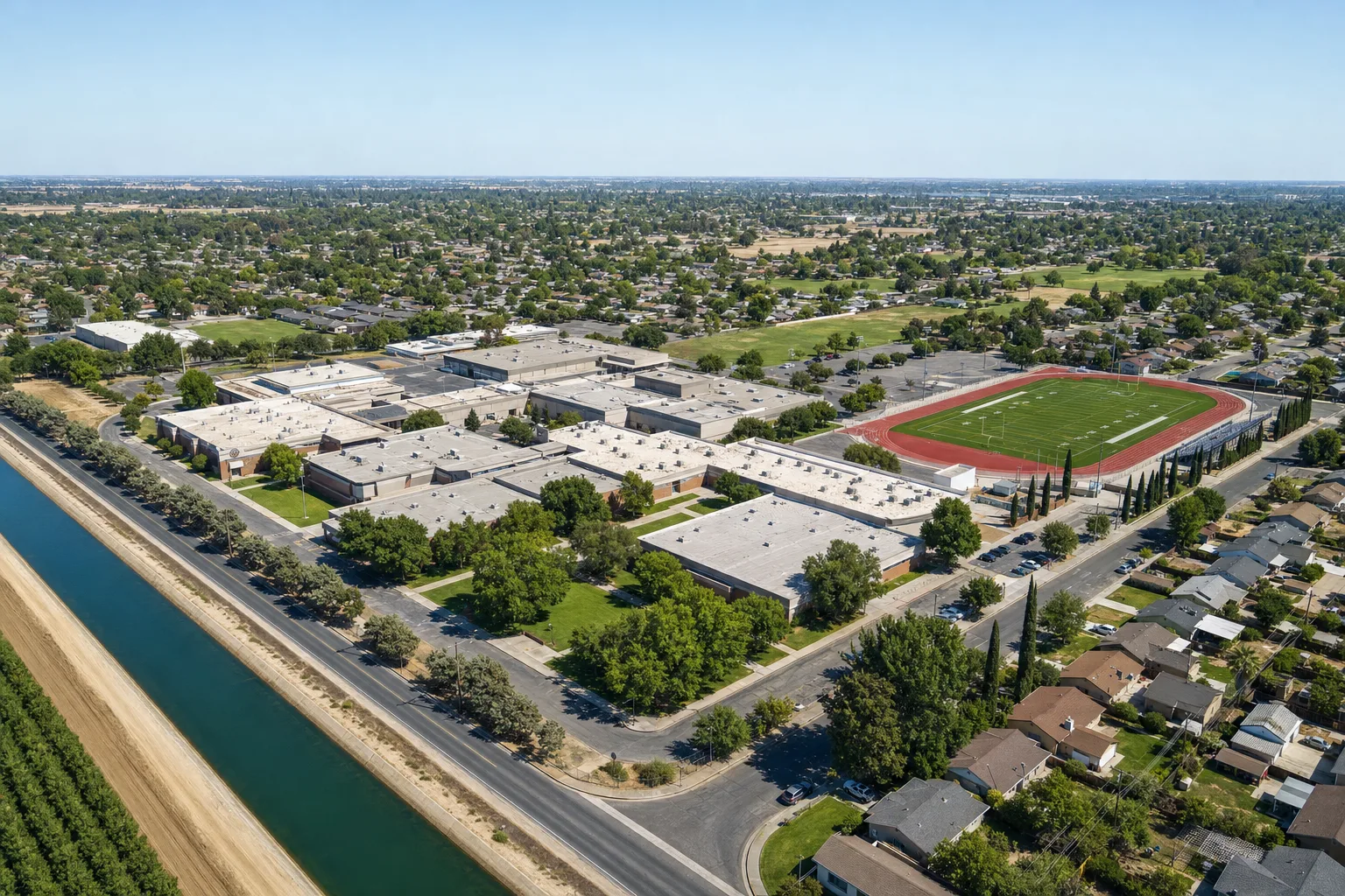 Aerial drone photograph of a school campus in Turlock, California