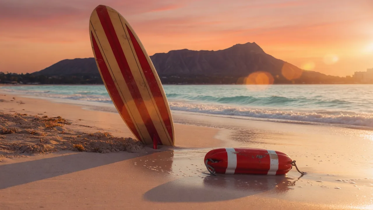 A surfboard resting in the sand on a Hawaiian beach at golden hour with gentle waves