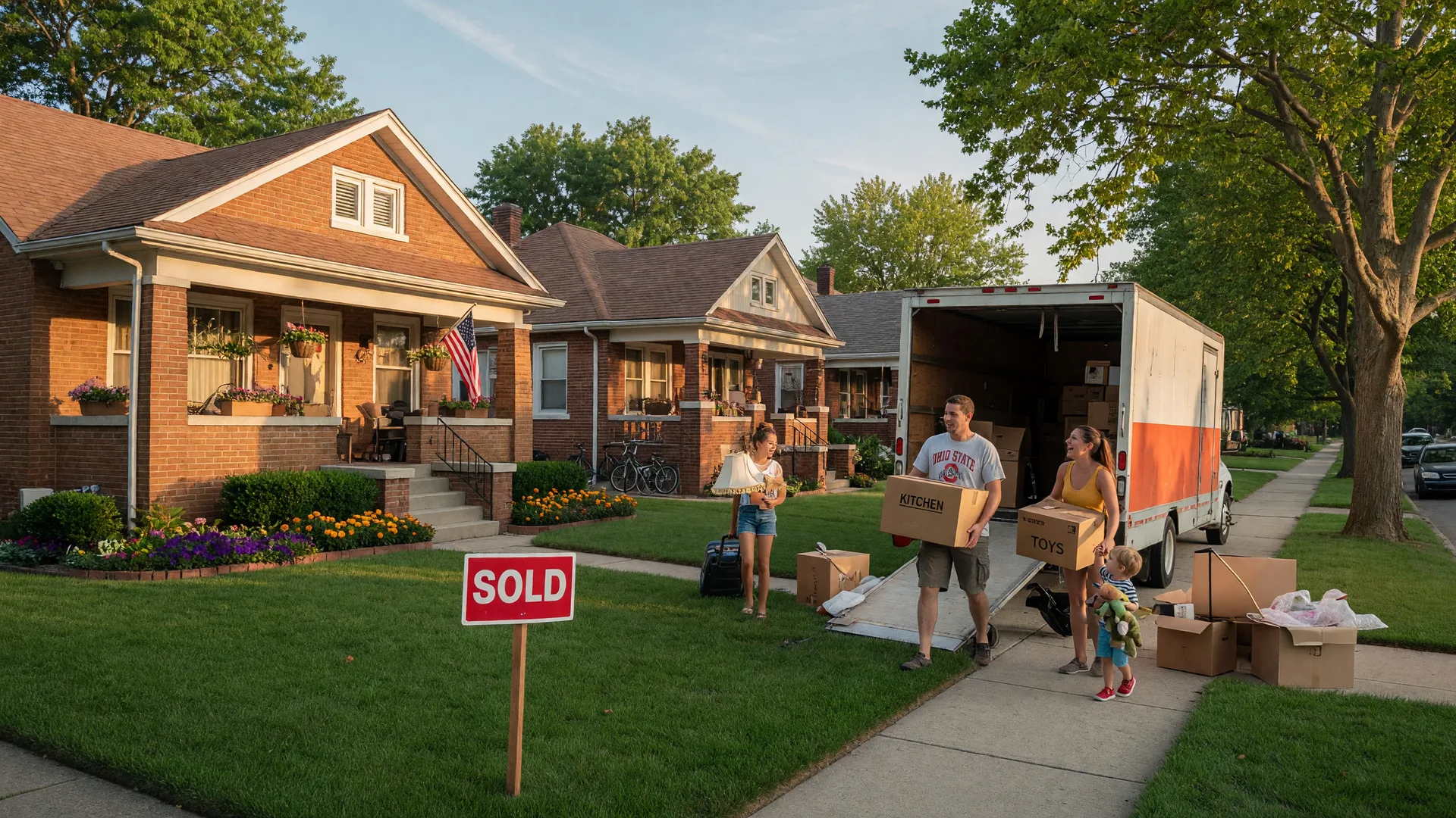 A family unloading boxes from a moving truck in front of a welcoming brick bungalow in a Dayton Ohio neighborhood