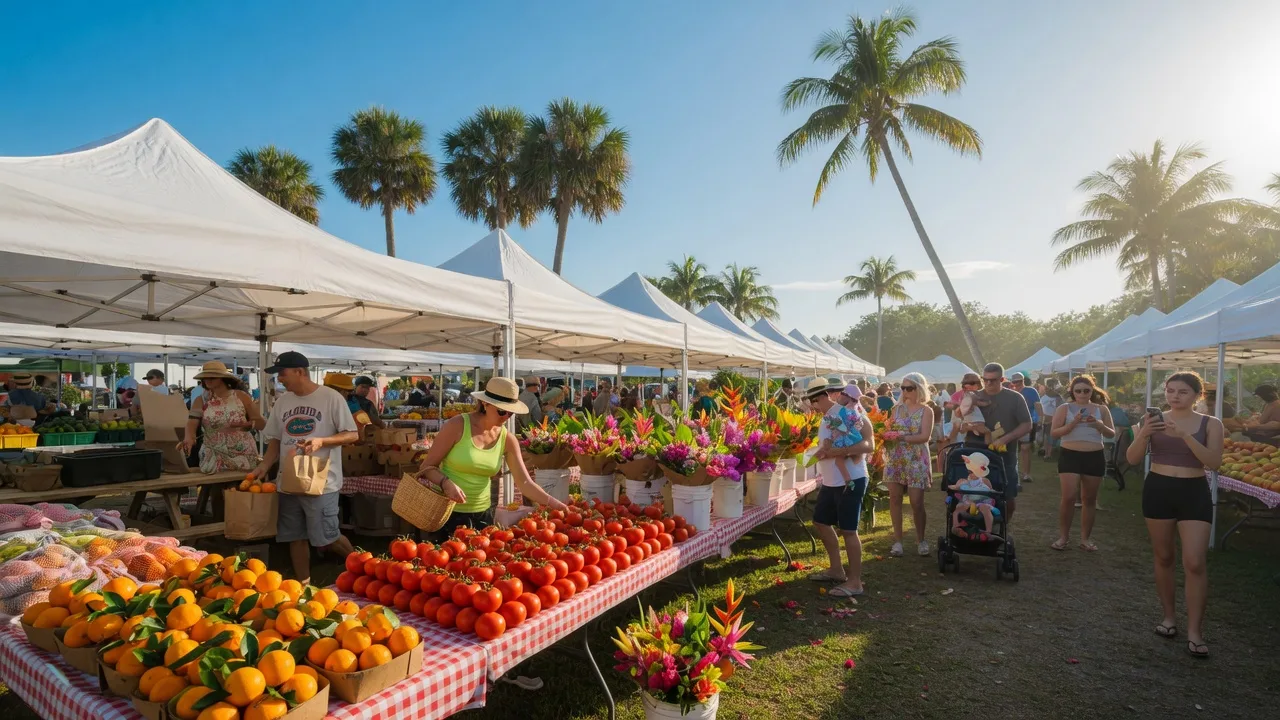 Sunny farmers market in Florida with white tents over tables of fresh oranges, tomatoes, and tropical flowers beneath palm trees