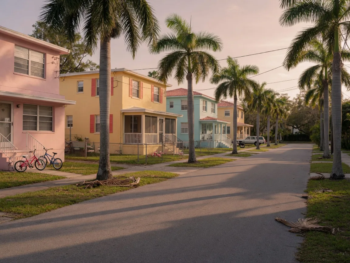 A quiet Flamingo Park-style street in West Palm Beach with pastel bungalows, royal palms, and a bicycle on a porch in late-afternoon light
