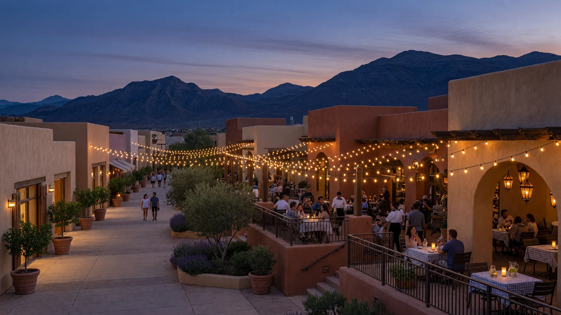 An open-air Henderson dining village at dusk with warm string lights over outdoor restaurant patios, desert mountains on the horizon