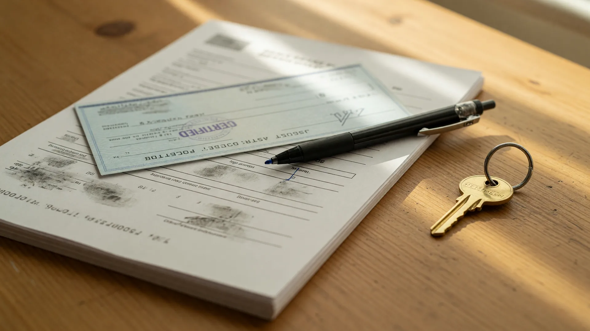 Certified bank check and pen on a real estate contract with a house key