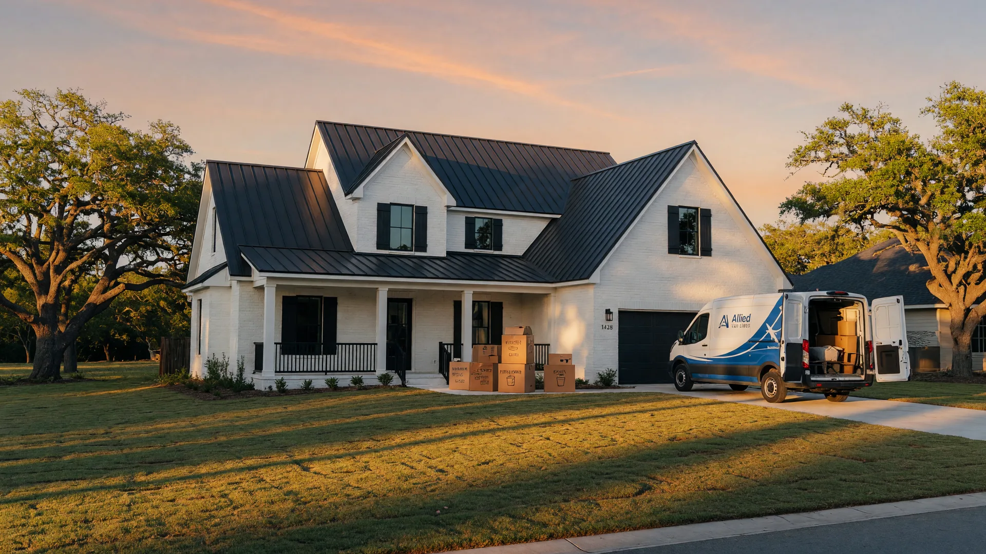 New Texas home at golden hour with a moving van in the driveway, illustrating the vehicle registration, driver license and homestead steps for new residents.
