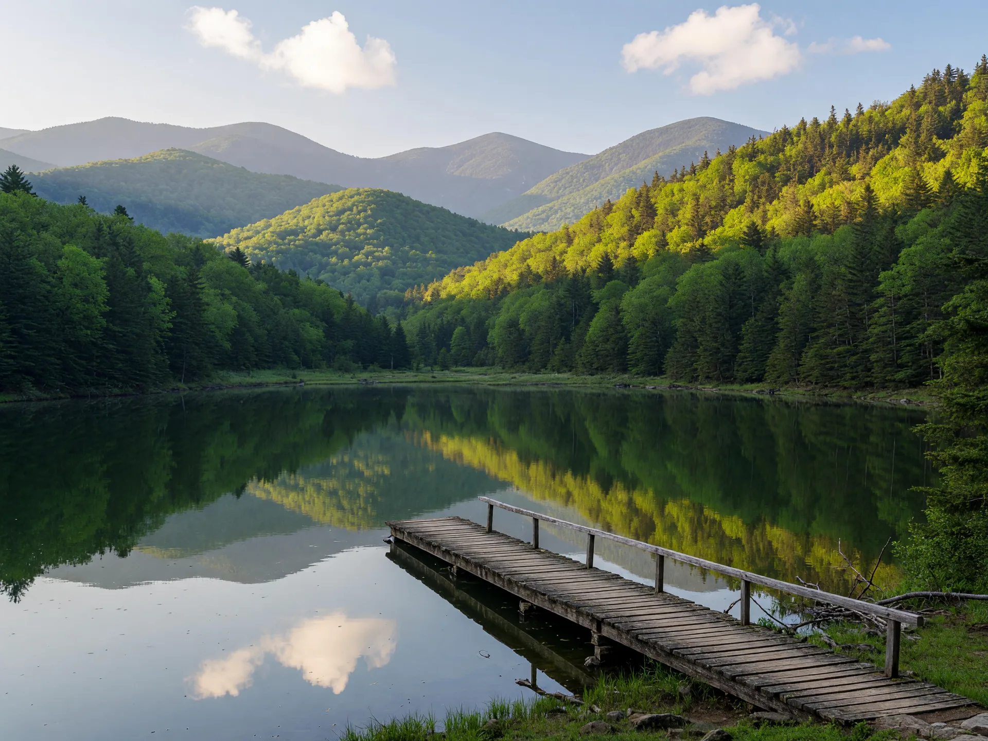 A still mountain lake ringed by forested ridges with a wooden boardwalk along the shore
