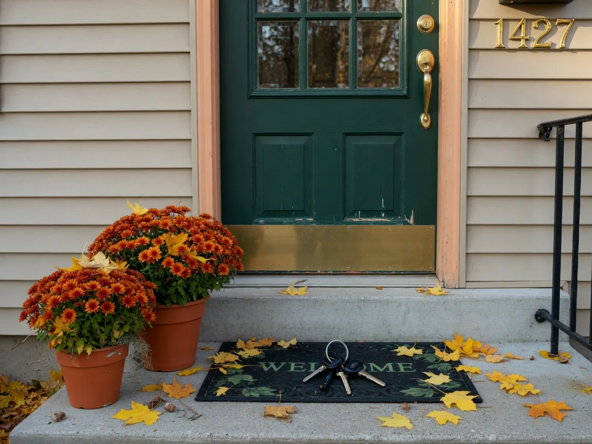 Keys resting on the welcome mat at the front entry of a well-cared-for Oklahoma home with potted mums