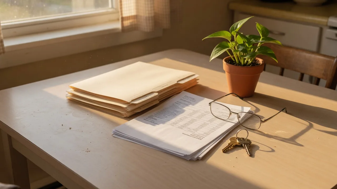 A warm still-life photograph on a sunlit kitchen table in a Northwest Indiana home: clean manila file folders, a stack of printed financial statements, a brass house key, reading glasses, and a small potted plant in golden October light