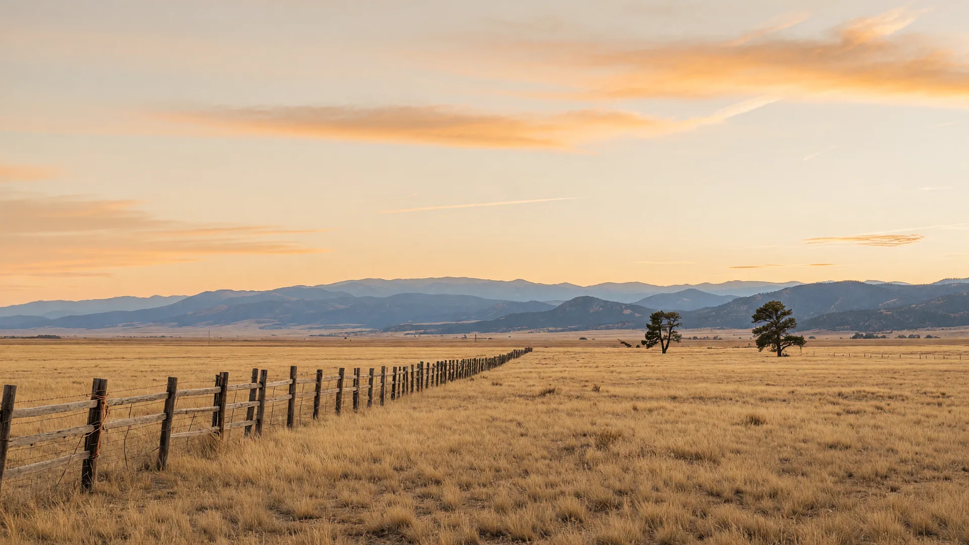 Open Colorado ranchland at golden hour with the Front Range on the horizon