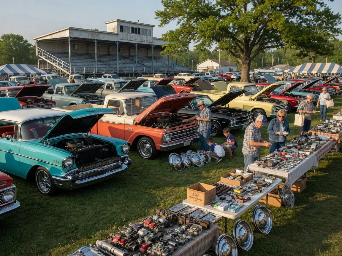 Rows of restored classic American cars and trucks with hoods up on the grass at a fairgrounds swap meet, vendor tables lined with vintage auto parts, and families browsing in warm morning light