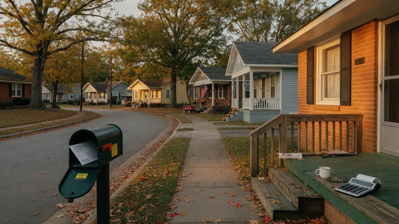 A quiet Mableton residential street in golden autumn light with brick ranch homes, mature oaks, and an open mailbox holding a folded tax bill, representing homeowners receiving the city's first property tax notice
