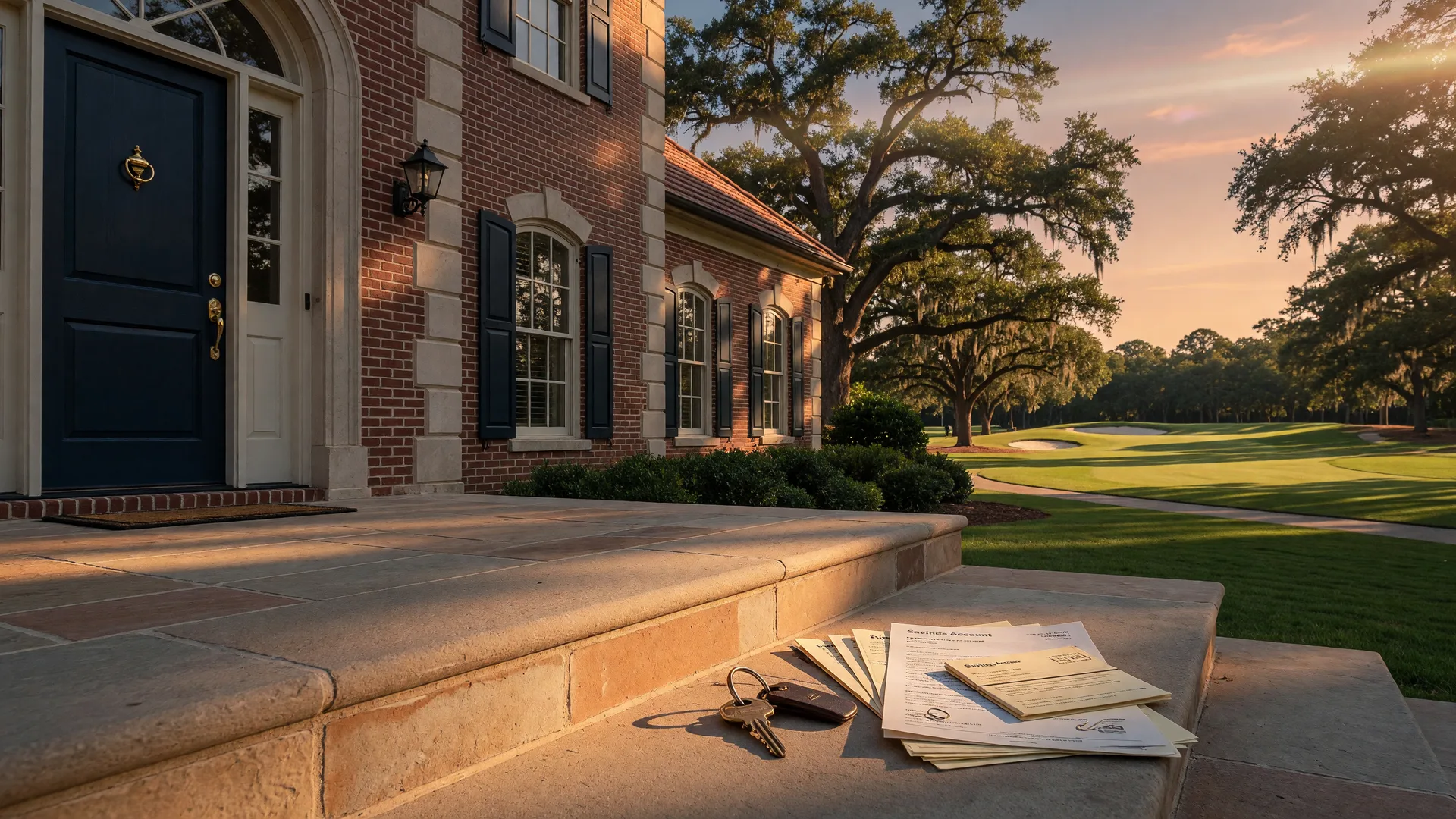 Elegant brick and stone Georgia home on a golf course fairway at golden hour with a brass house key and savings documents on the front step, representing the $50,000 first-time homebuyer bill