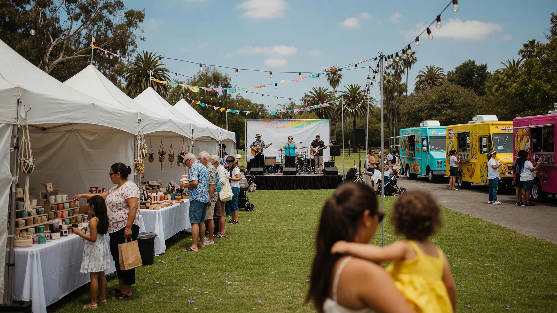 Santa Clarita Makers & Music Festival with artisan vendor tents and families on a sunny summer day at Central Park