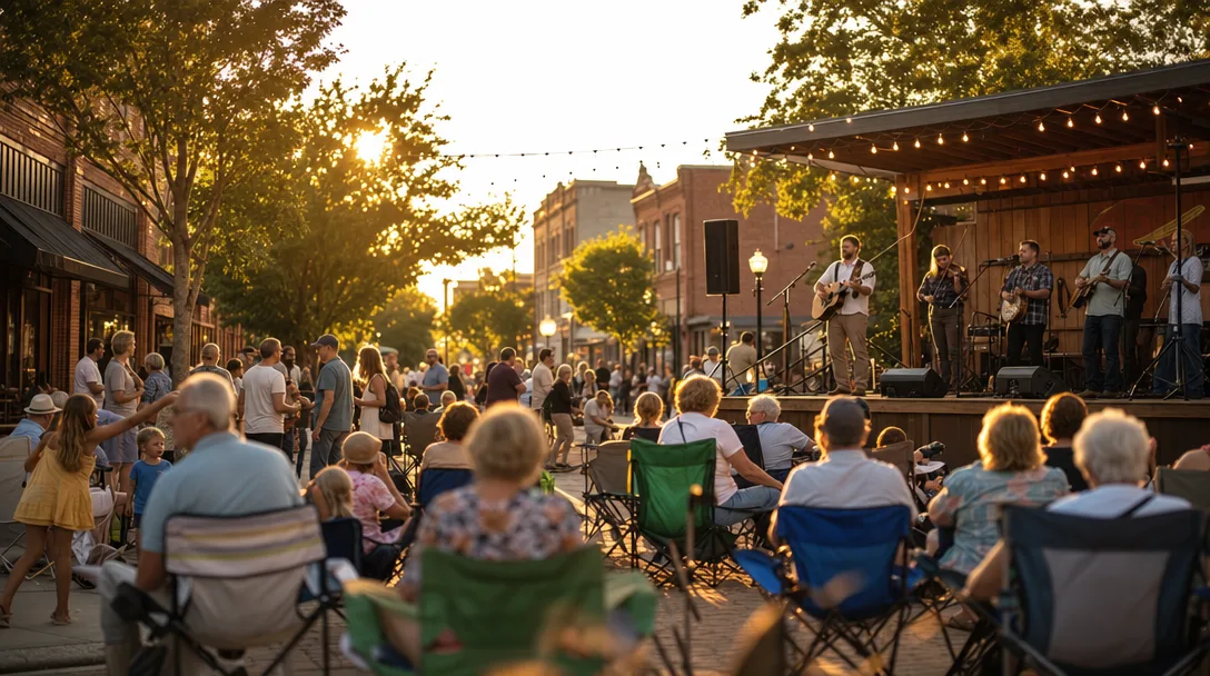 Folk music festival on a historic brick street in downtown Hartwell, Georgia with musicians on a small stage, cafe lights overhead, and families gathering at golden hour