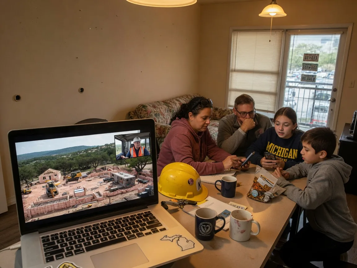 Out-of-state buyer family reviewing construction progress on a video call with their Hill Country builder