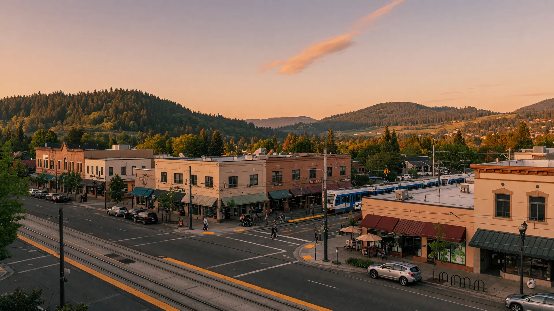 Downtown Beaverton at golden hour with the Tualatin Valley hills behind it