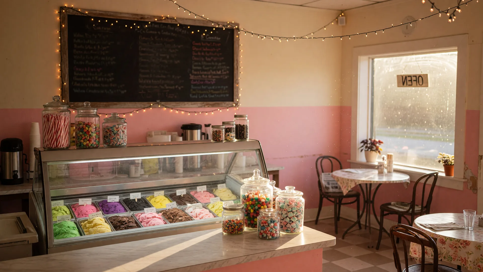Warm interior of Sweet Izzy's ice cream and coffee shop in Chapin, SC with a pastel-pink display case of colorful scoops, candy jars, and bistro tables in golden light