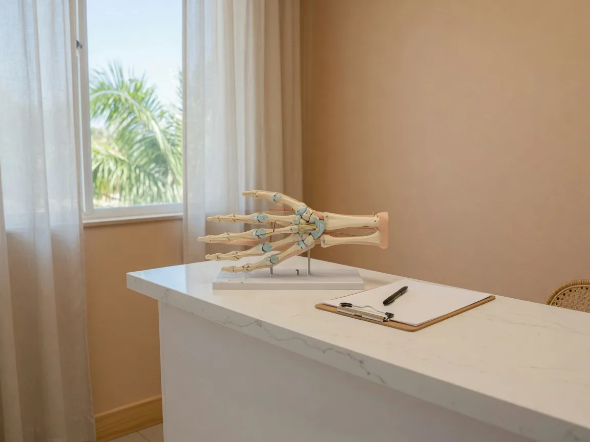 An anatomical model of a human hand and wrist on a white counter in a softly lit Honolulu consultation room