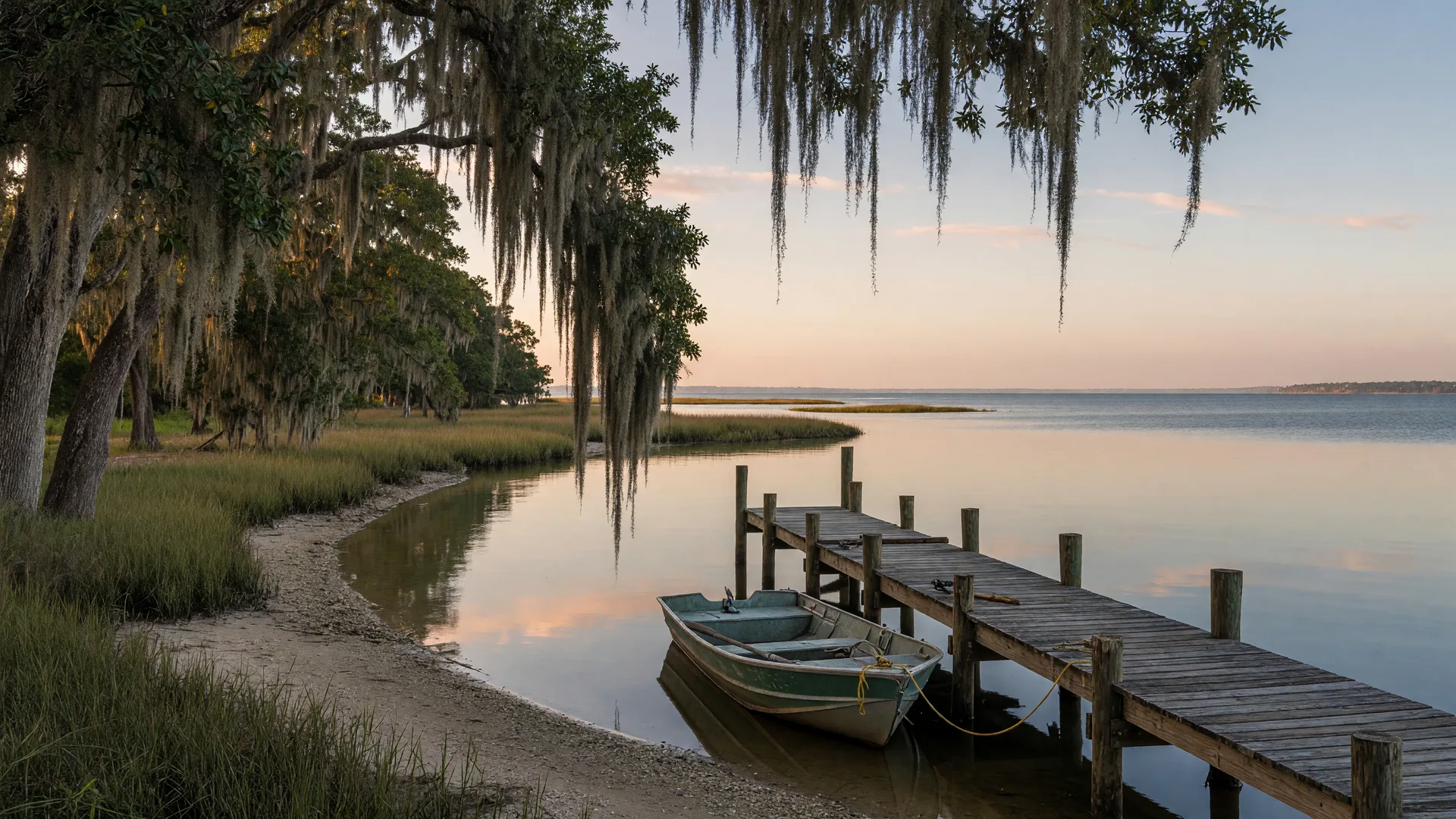 A weathered wooden pier over still Perdido Bay water near Lillian, Alabama, with live oaks draped in Spanish moss framing the quiet bayfront at first light