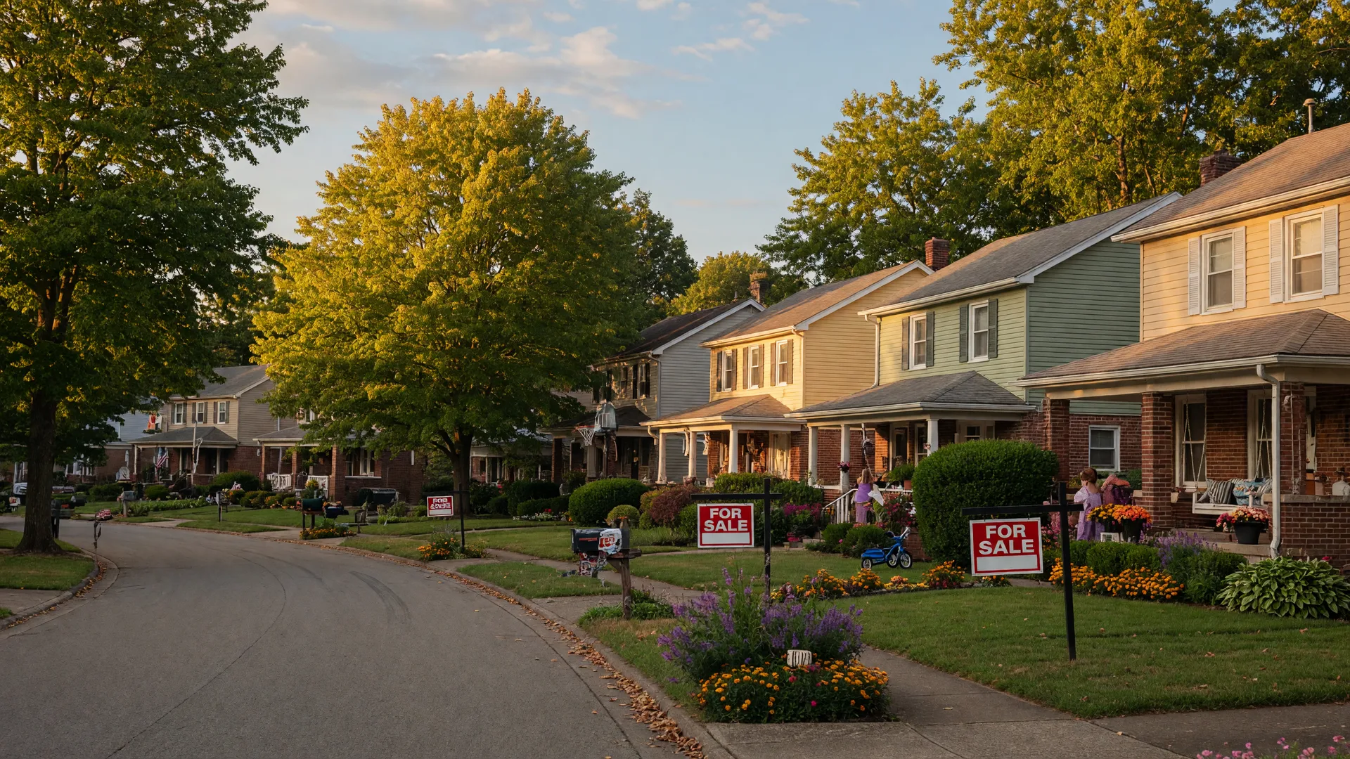 Tree-lined suburban street in Cincinnati with For Sale signs on a warm late summer afternoon