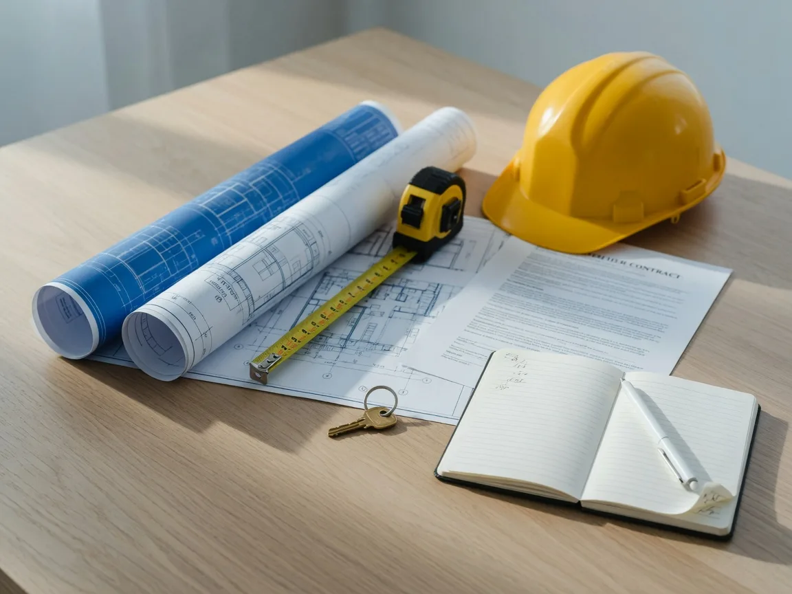 Blueprints, a builder contract, a measuring tape, a safety helmet, and a house key on a table