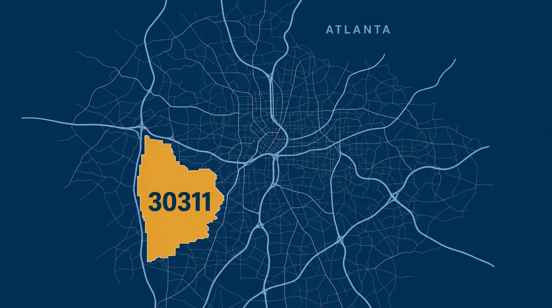 A stylized navy and amber map graphic of Atlanta highlighting ZIP code 30311