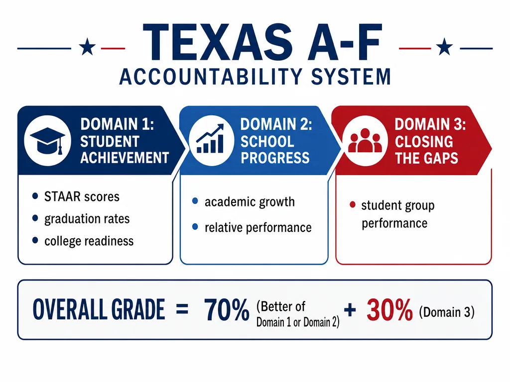 Chart showing the three domains of the Texas A-F accountability system: Domain 1 Student Achievement, Domain 2 School Progress, and Domain 3 Closing the Gaps, with the overall grade formula
