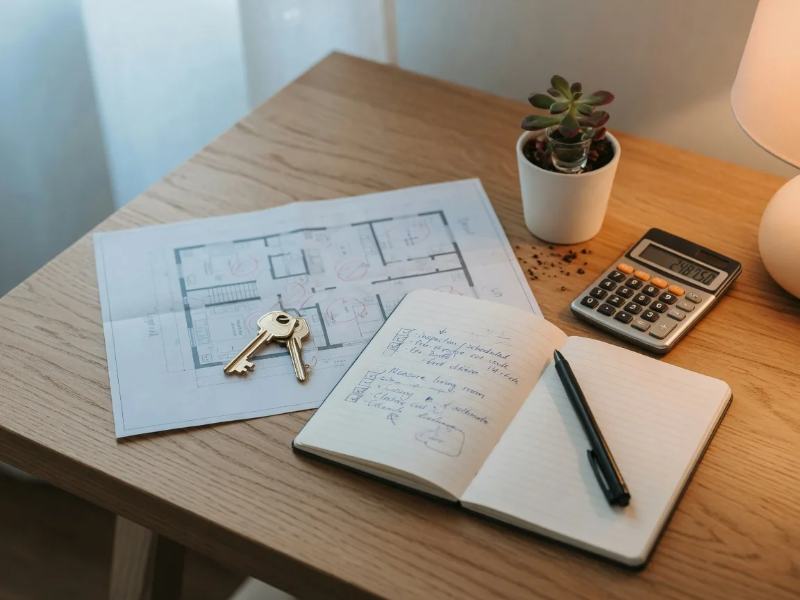 A first-time homebuyer's planning desk with a checklist notebook, a calculator, and a brass house key resting on a folded floor plan, a still life for the credit and income roadmap post