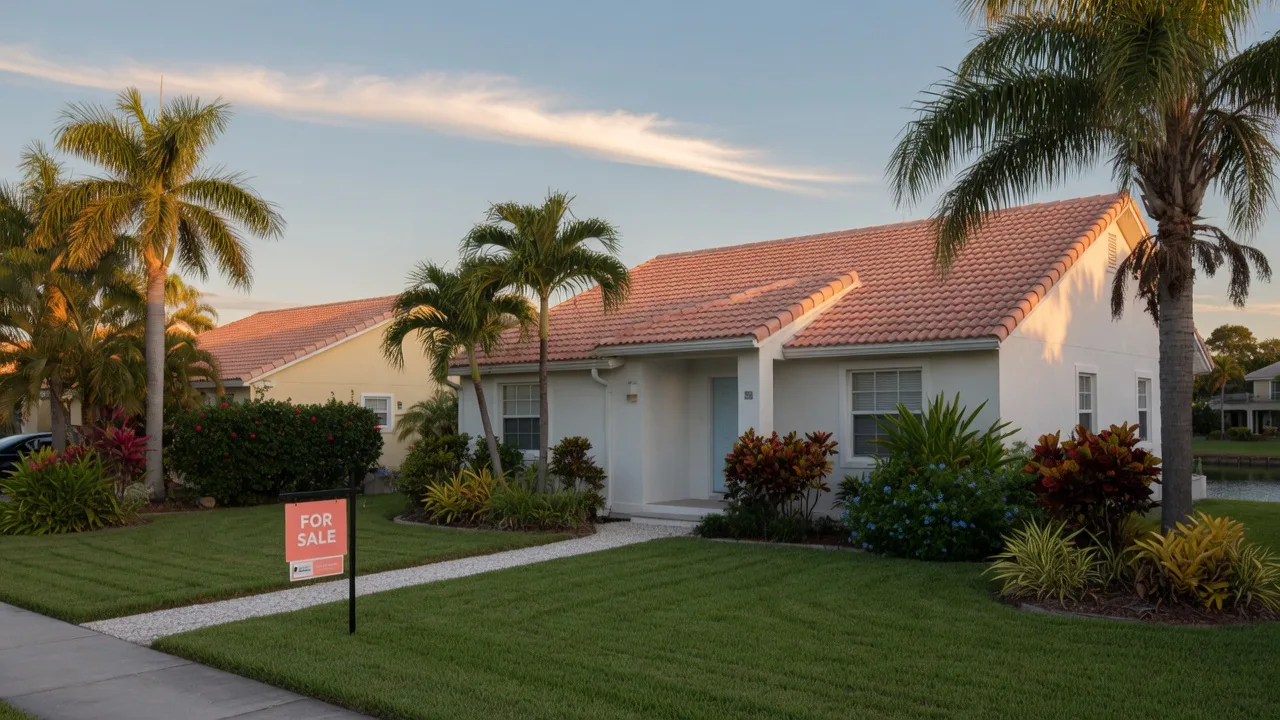 A fresh white stucco Florida home with a barrel-tile roof in a Sarasota coastal neighborhood, a subtle For Sale sign in the front yard, and palms framing the scene on a late-summer morning