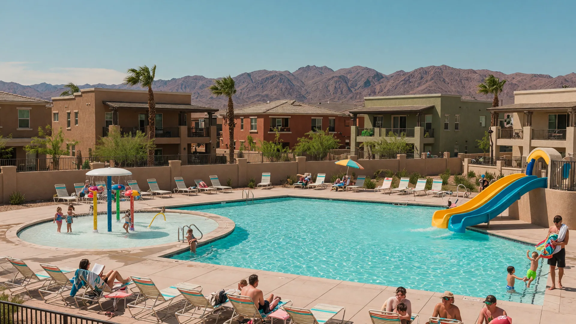 A resort-style pool complex with a splash pad and water slide in an Inspirada style master-planned community, with stucco homes and desert mountains in the background