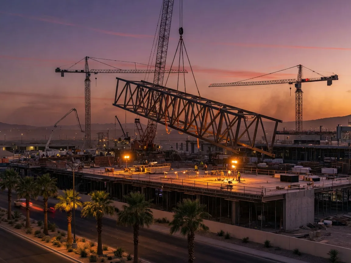The Durango Casino north expansion construction site at dusk, with a massive steel truss hoisted over the podium, tower cranes silhouetted against a purple-orange sunset, and palm trees along the boulevard