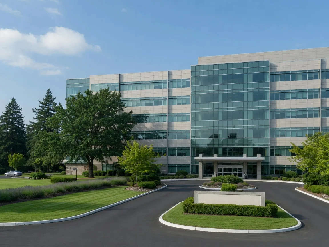 A modern medical center campus in Oregon City with a mid-rise hospital building on landscaped grounds